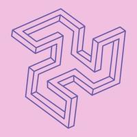 Impossible shapes. Sacred geometry. Optical illusion figures. Abstract eternal geometric objects. Impossible endless outline shape. Optical art. Impossible geometry shape on a pink background. vector