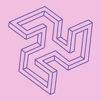 Impossible shapes. Sacred geometry. Optical illusion figures. Abstract eternal geometric objects. Impossible endless outline shape. Optical art. Impossible geometry shape on a pink background. vector