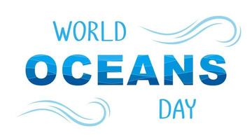 World oceans day vector horizontal banner. Paper cut effect with blue waves. Isolated hand drawn letters on the white background with decorative curve lines.