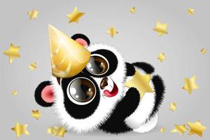 Panda birthday close up  with golden star confetti and cap vector