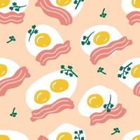 Fried eggs with bacon slices and parsley greens seamless pattern. vector