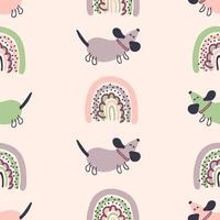 Boho aesthetic seamless pattern with dachshunds and rainbows. vector