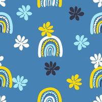 Groovy seamless pattern with flowers and rainbows. vector