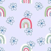 Hippie aesthetic seamless pattern with daisies and rainbows in 1970s style. vector