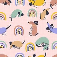 Hippie aesthetic seamless pattern with dachshunds and rainbows. vector