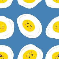Fried eggs seamless pattern with cartoon funny faces. Cute characters print with happy emotions. vector