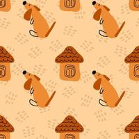 Hand drawn childish seamless pattern with puppy waiting home. vector