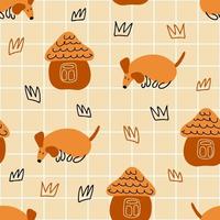 Groovy seamless pattern with dachshund puppies and houses. vector