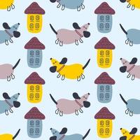 Hand drawn childish seamless pattern with dachshunds and houses. vector