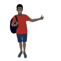 Portrait of a black guy with a backpack, hitchhiking, flat vector isolated on white background, traveler, road travel