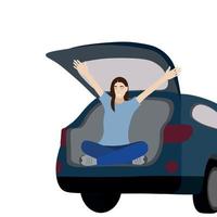 Girl sitting in open car trunk, isolate on white background, road travel, flat vector