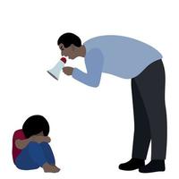 A black man with a shout bent over a child, the child sits with his head buried in his knees, vector isolated on a white background, child abuse