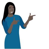 Portrait of a black girl pointing out important information, flat vector, isolate on white background vector