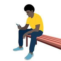 retrato de un negro que se sienta en un banco con un teléfono en la mano, vector aislado en un fondo blanco, el tipo mira el smartphone
