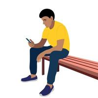 Portrait of a indian guy who sits on a bench with a phone in his hand, vector isolated on a white background, the guy looks at the smartphone