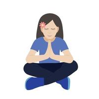 Portrait of a little girl who sits cross-legged and folded her hands for prayer, flat vector, isolated on white background vector