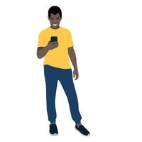 Portrait of a black guy in full growth with a phone in his hand, vector isolated on a white background, the guy looks at the smartphone