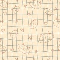 Doodle seamless pattern with cats and hearts on troppy grid background. vector