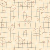 Doodle seamless pattern with cats and hearts on troppy grid background. vector