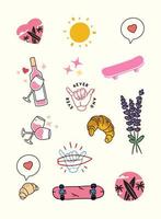 paquete de pegatinas de verano de surf y vino. dibujos sencillos de vino rosado, tablas de surf, shaka, croissant, puesta de sol y más. símbolos de amor, sol, surf y relajación. vector