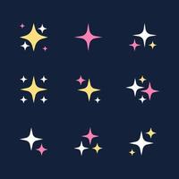 conjunto de estrellas vectoriales coloridas, destellos, magia y decoración oculta. conjunto de iconos de destellos brillantes de color rosa, amarillo y blanco.