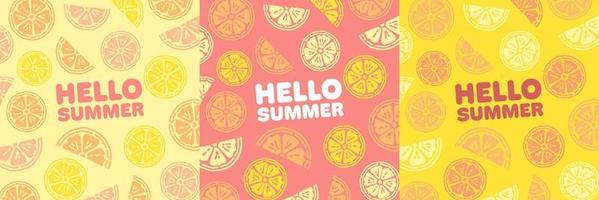 Hello Summer Citrus Backgrounds Collection, Square Template. Lemon, Orange, Grapefruit and Lime Juicy Backgrounds, suitable for Cafes, Menus, Restaurants, Prints and Designs. vector