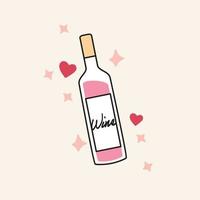 Hand Drawn Rose Wine Illustration Icon. Modern Outline Design Showing Bottle of Pink Wine with Sparkles and Hearts Around. Isolated Vector