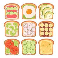 Healthy toast with vegetables, fruits, cheese and fish vector