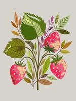 Branches of green, yellow and brown leaves and three red strawberries, hand drawn flat vector retro style, isolated image.