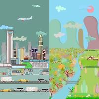 big city metropolis with modern buildings and skyscrapers and private houses, mountains and nature in a linear style. country life and leisure concept. vector illustration isolated. Nature Landscape