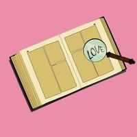 An open book with a romance novel and a magnifying glass on a pibk background. vector