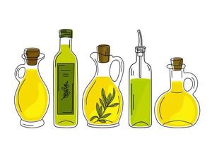 Set of hand drawn glass bottles with olive oil. vector