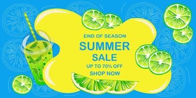 Summer sale banner with fresh juice and tropical fruits. vector