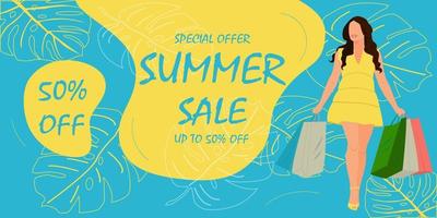 Summer sale banner with shopping woman. vector