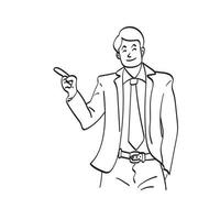 line art businessman wearing suit with tie and pointing on a copyspace with his finger illustration vector hand drawn isolated on white background