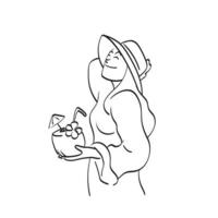 bella mujer sonriente con sombrero relajándose con ilustración de coco dibujada a mano vectorial aislada en el arte de línea de fondo blanco. vector