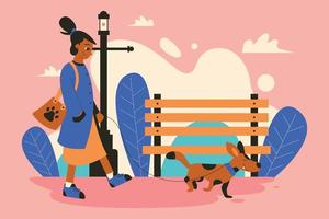 mujer caminando con perro ilustración plana vector