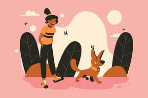 mujer jugando con cachorro ilustración plana