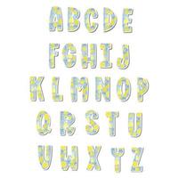 Cute uppercase alphabet with Lemonade Pattern on white silhouette and gray shadow. Lovely letter design for decoration. Vector Illustration about lettering.