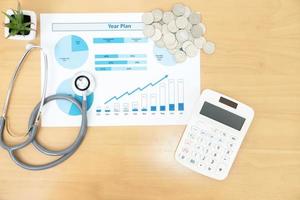 Stack of money coins with stethoscope checking photo