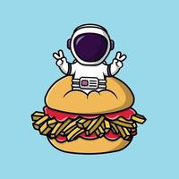 lindo astronauta en chip butty con ilustración de icono de vector de dibujos animados de mano de paz. ciencia comida icono concepto aislado vector premium.