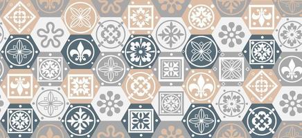 Seamless patchwork tile. Majolica pottery tile. Portuguese and Spain decor. Ceramic tile in talavera style. Vector illustration.  Abstract seamless patchwork pattern with geometric and floral ornament