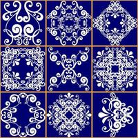 Seamless patchwork tile. Majolica pottery tile. Portuguese and Spain decor. Ceramic tile in talavera style. Vector illustration.  Abstract seamless patchwork pattern with geometric and floral ornament