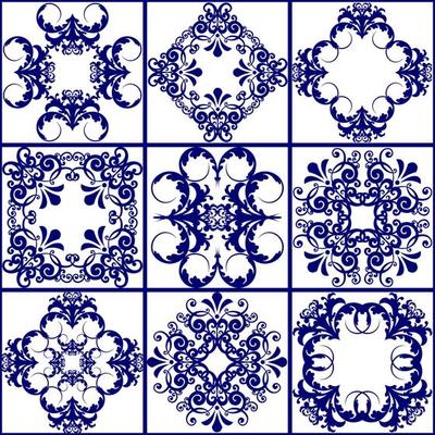 Seamless patchwork tile. Majolica pottery tile. Portuguese and Spain decor. Ceramic tile in talavera style. Vector illustration.  Abstract seamless patchwork pattern with geometric and floral ornament