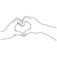 dibujo de líneas de ilustración de las manos de una mujer y un hombre que muestran signos o formas de corazones. gesto de la mano del corazón. manos de dos personas enamoradas haciendo corazón con los dedos. diseño de corazón para camisa o chaqueta vector