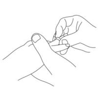 Illustration of line drawing a closeup of hands exchanging wedding rings. Wedding couple hands. Groom put a wedding ring on bride hand. Man placing an engagement ring on his girlfriend's ring finger vector