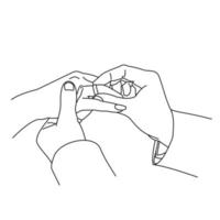 Illustration of line drawing a closeup of hands exchanging wedding rings. Wedding couple hands. Groom put a wedding ring on bride hand. Man placing an engagement ring on his girlfriend's ring finger vector