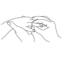 Illustration of line drawing a closeup of hands exchanging wedding rings. Wedding couple hands. Groom put a wedding ring on bride hand. Man placing an engagement ring on his girlfriend's ring finger vector