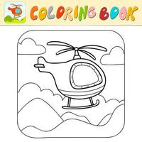 Coloring book or Coloring page for kids. Helicopter black and white vector illustration. Nature background