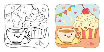 Coloring book or Coloring page for kids. Tea and cake vector illustration clipart. Nature background.